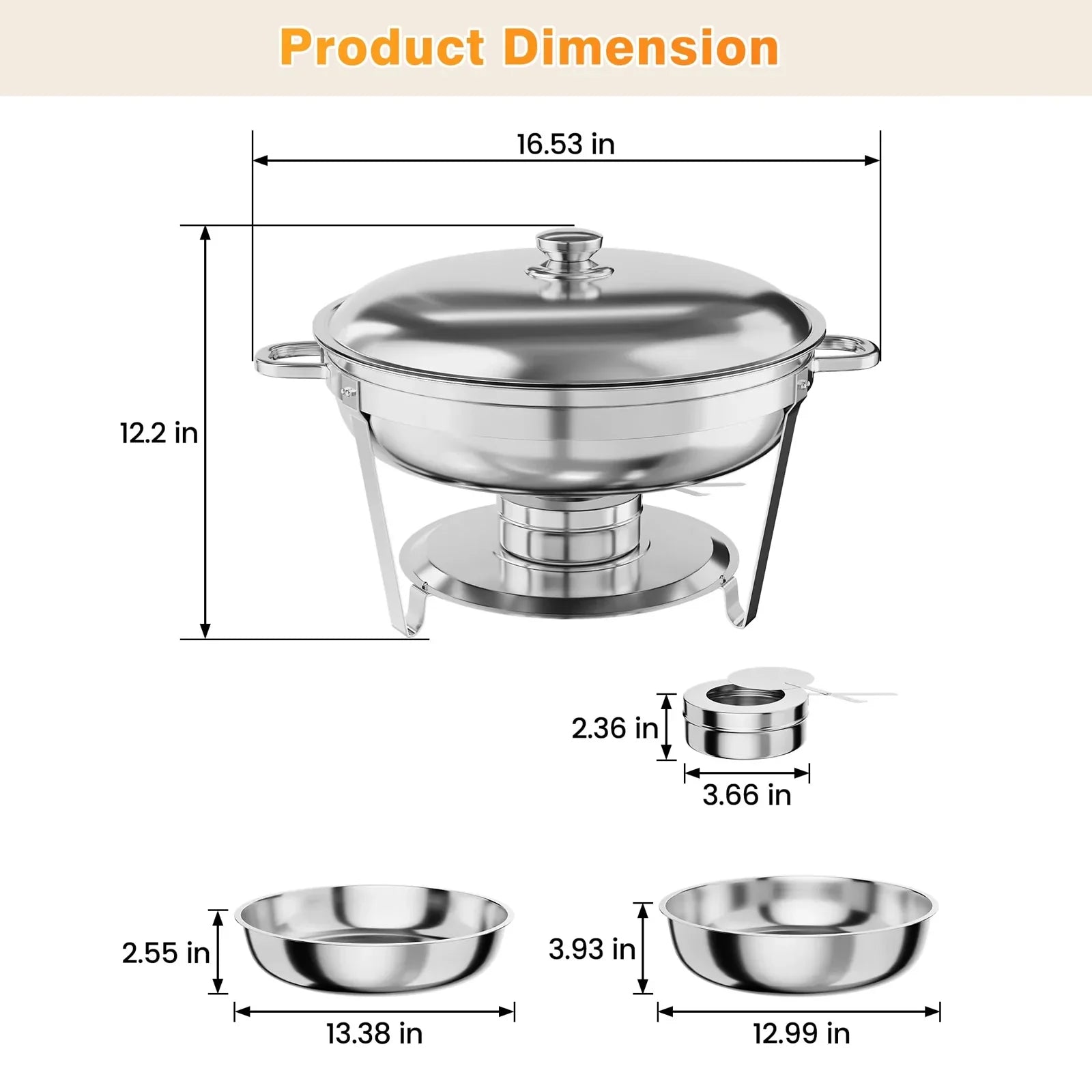 Garvee 4.7L Chafing Dish Buffet Set of 2 Pack, Round Stainless Steel Food Warmers Buffet Servers Sets, Chafer with Food & Water Pan, Lid, Frame, Fuel Holder for Catering and Parties