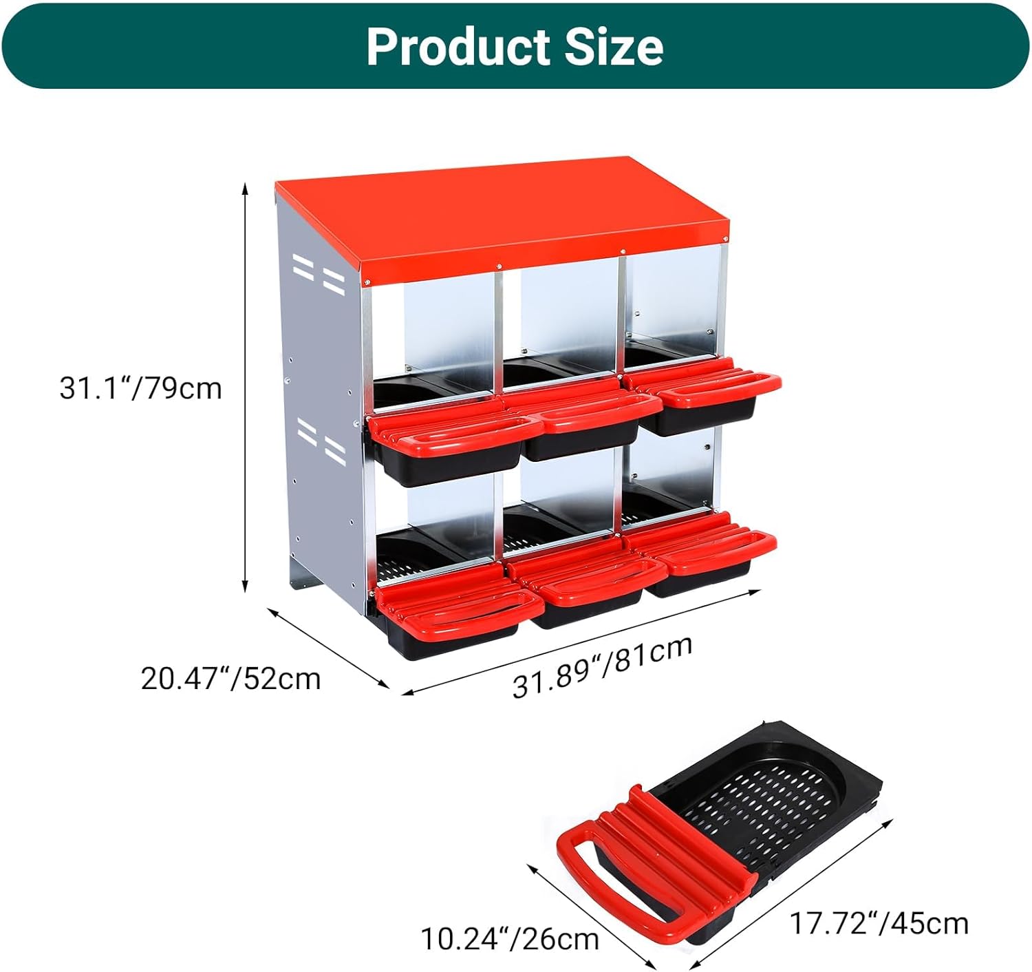 Garvee 6-Compartment Chicken Nesting Box – Poultry Laying Box with Removable Trays for Easy Cleaning, Heavy-Duty Design for Coops & Farmyards – Red