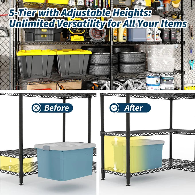 GARVEE Heavy Duty 5-Tier Wire Shelving Unit – 601kg Capacity, Adjustable Shelves, Steel Poles, Non-Slip Feet, Storage Organiser for Garage, Pantry & Kitchen, 40Dx180Wx179Hcm