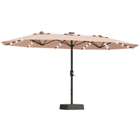 Garvee 4.57m 15ft Rectangular Solar Parasol with LED Lights and Base Included Large Garden Umbrella Crank Handle UV Protection for Patio Backyard Deck Poolside,Beige