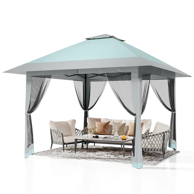 Garvee 396 x 396cm Canopy Tent Pop Up Gazebo With Mosquito Netting And Adjustable Height For Backyard Parties Lake Blue