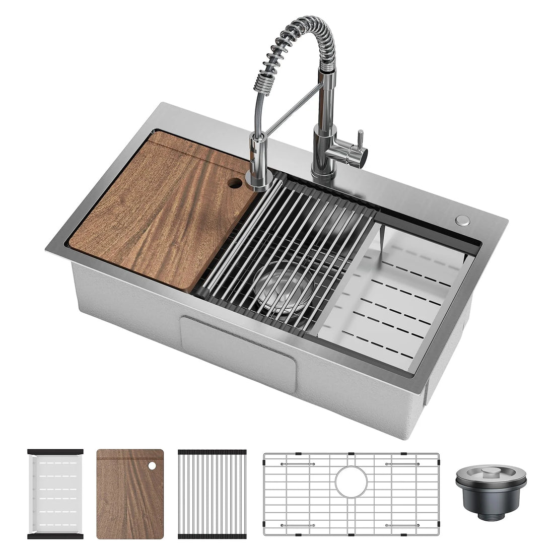 Garvee Drop In Kitchen Sink With Pull Down Spring Faucet, 76×46×23 cm Stainless Steel Single Bowl Workstation Sink, Silver