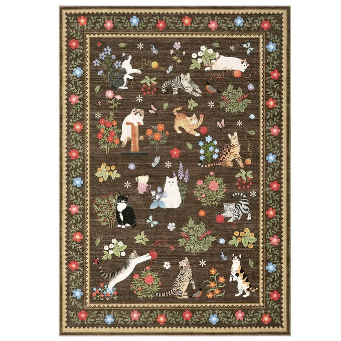 GARVEE Washable Area Rug 160x230cm Non-Slip Cat Floral Pattern Soft Pearl Velvet Carpet Low Pile Stain-Resistant Mat Living Room Bedroom