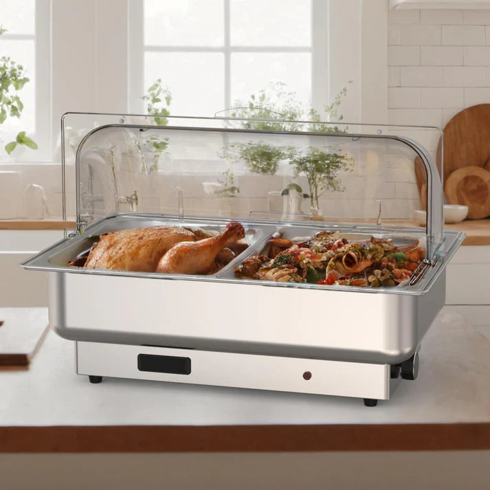 Garvee Pack of 2 Stainless Steel Electric Chafing Dish Buffet Servers 9.5QT Capacity with Roll Top Transparent Lids and Adjustable Temperature Control for Commercial Catering Parties and Home