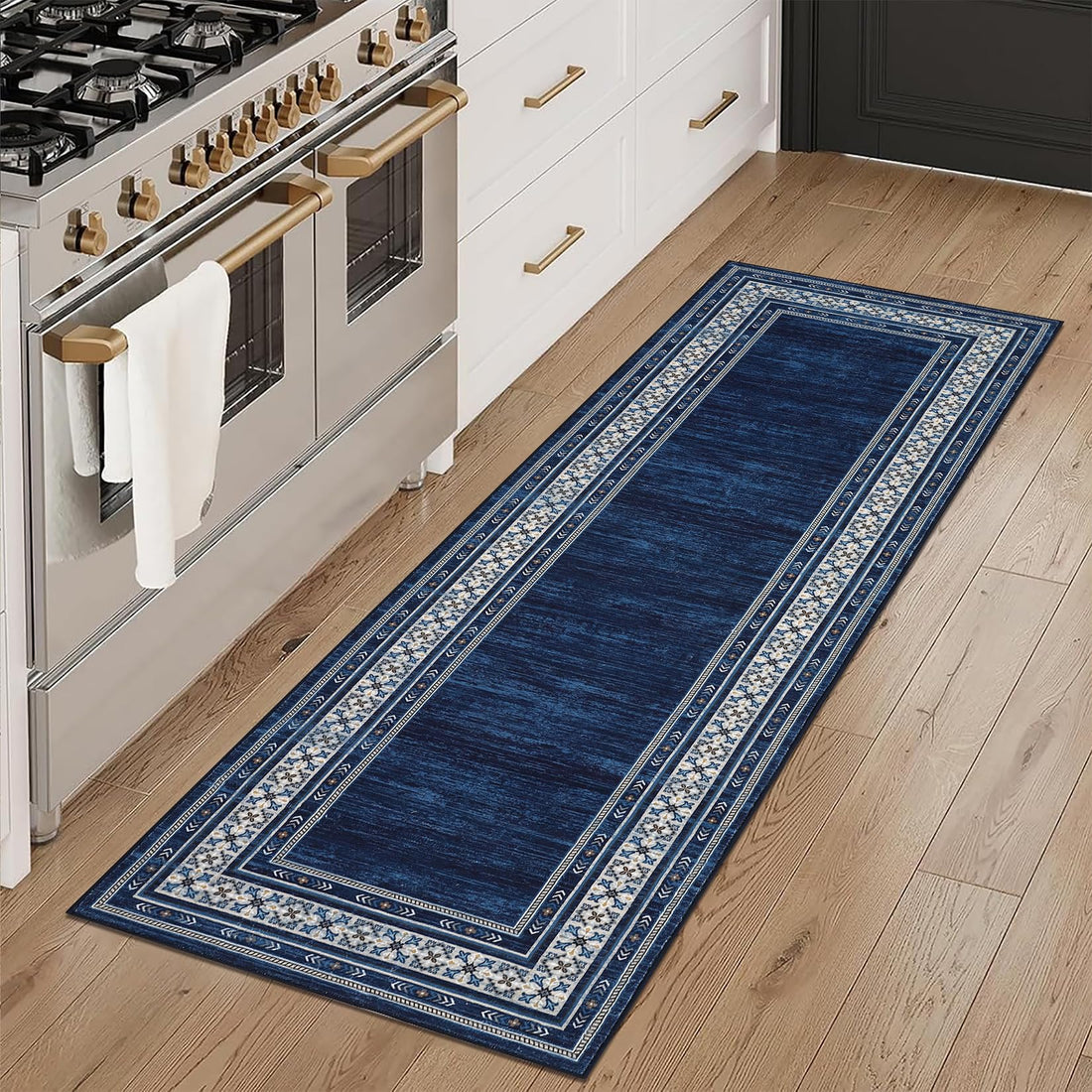 Garvee 60 × 230 cm Navy Blue Washable Bordered Area Rug, Non Slip Low Pile Non Shedding Rug, Modern Distressed Geometric Rug for Living Room Dining Room Bedroom