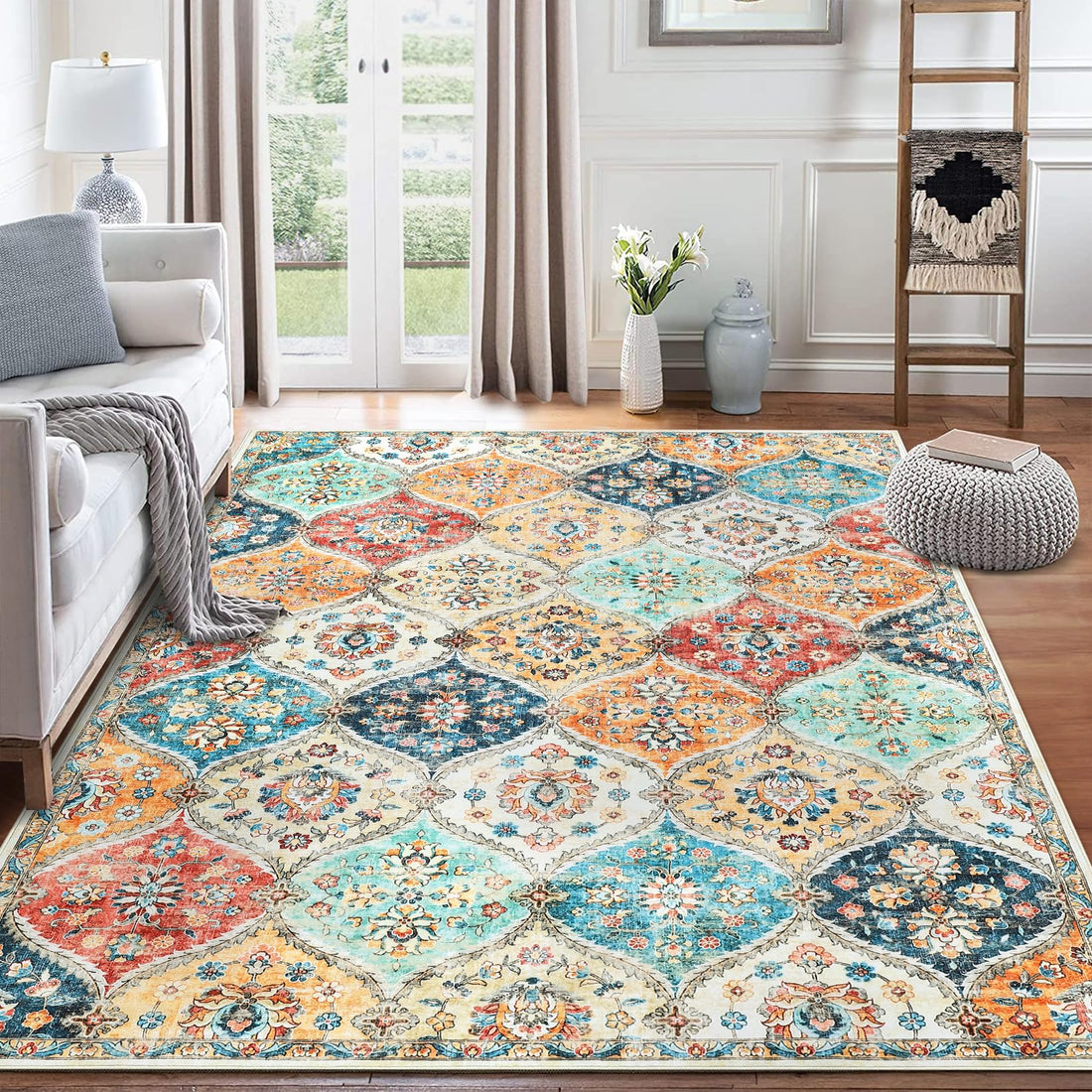 GARVEE 160x230 cm Washable Area Rug Non-Slip Faux Wool Soft Vintage Floral Carpet Pet Friendly Low Pile Mat for Living Room Bedroom Orange
