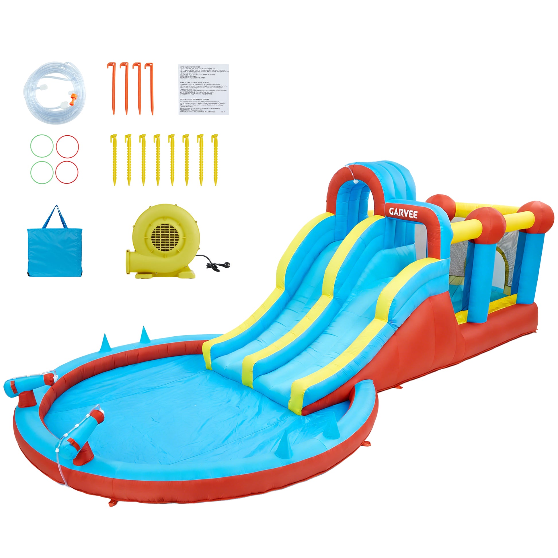 Garvee 8-in-1 Inflatable Water Park with Double Slides, Climbing Walls & Bouncy Castle – Durable Oxford Fabric, 550W Blower, Large Backyard Pool for Kids – Model 26001 – 26001 Inflatable Water Park Appropriate for All Seasons - British Standard