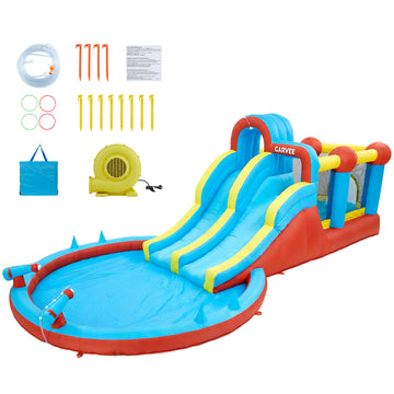 Garvee 8-in-1 Inflatable Water Park with Double Slides, Climbing Walls & Bouncy Castle – Durable Oxford Fabric, 550W Blower, Large Backyard Pool for Kids – Model 26001 – 26001 Inflatable Water Park Appropriate for All Seasons - British Standard
