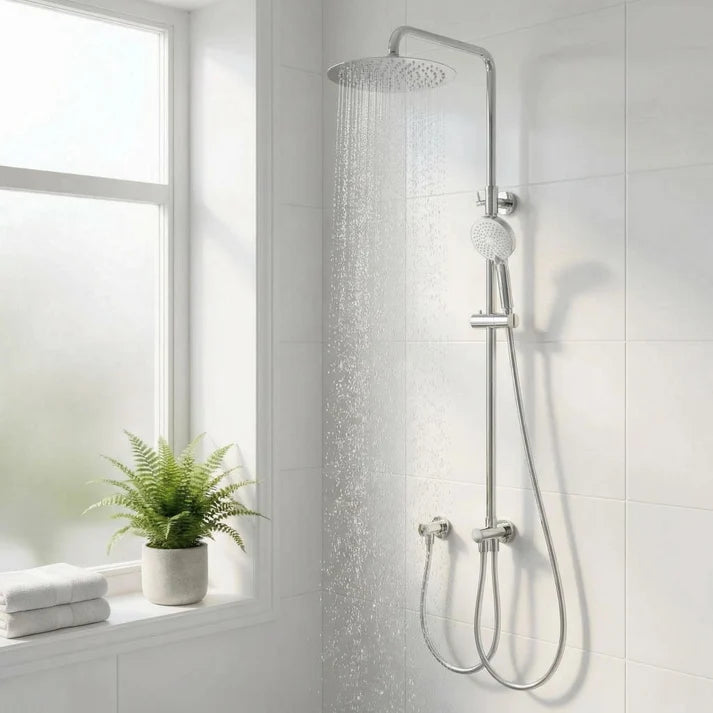 Garvee Modern Rainfall Shower System, 25 cm Stainless Steel Round Overhead & 3-Mode Handheld Shower Head, Height Adjustable No-Drill Concealed Valve Mixer Set with Anti-Limescale Nozzles, Mirror Chrome Finish
