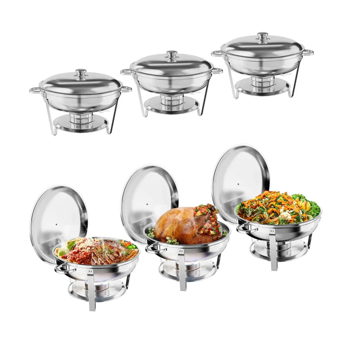 Garvee 4.7L Chafing Dish Buffet Set of 6 Pack, Round Stainless Steel Food Warmers Buffet Servers Sets, Chafer with Food & Water Pan, Lid, Frame, Fuel Holder for Catering and Parties