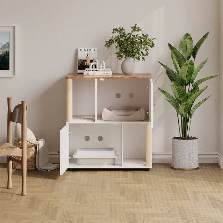 Garvee Double Layer Cat Litter Box Furniture with Scratching Post and Litter Mats, Wooden Corner Cabinet Cat Washroom Bed, Multifunctional, Easy to Clean, Natural Wood Color