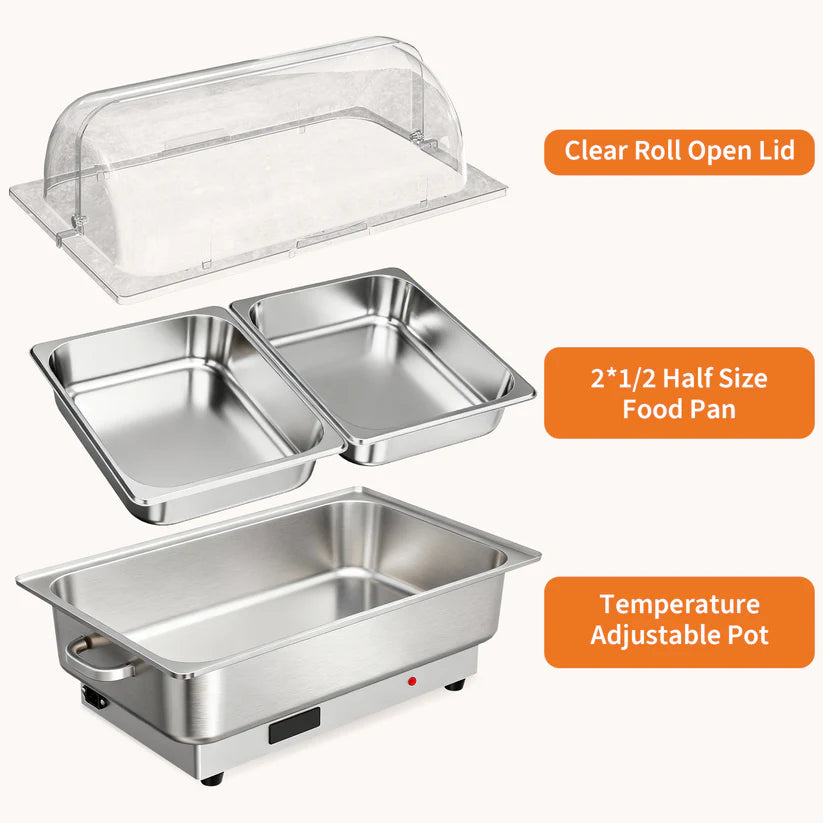 Garvee Adjustable Temperature Electric Chafing Dish Buffet Server – 8.5L Deep Food Warmer with Transparent PC Lid – Ideal for Parties, Catering, Weddings, Home Use – Includes 2*1/2 Gastronorm Pan (UK Standard)