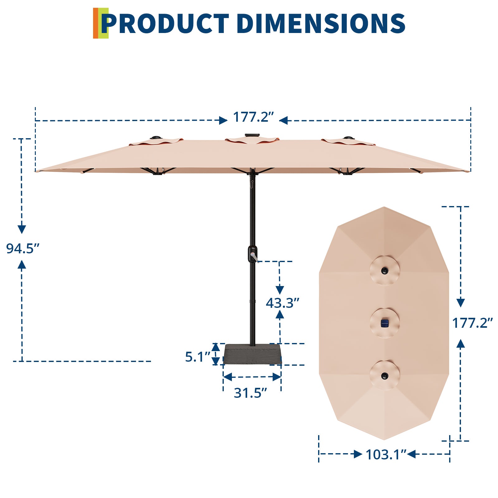 Garvee 4.57m 15ft Rectangular Solar Parasol with LED Lights and Base Included Large Garden Umbrella Crank Handle UV Protection for Patio Backyard Deck Poolside,Beige