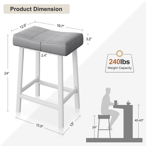 Garvee Set of 4 Grey Saddle Bar Stools – 61cm Counter Height Breakfast Bar Stools – Padded Backless Seat with Metal Legs for Kitchen Island – Grey