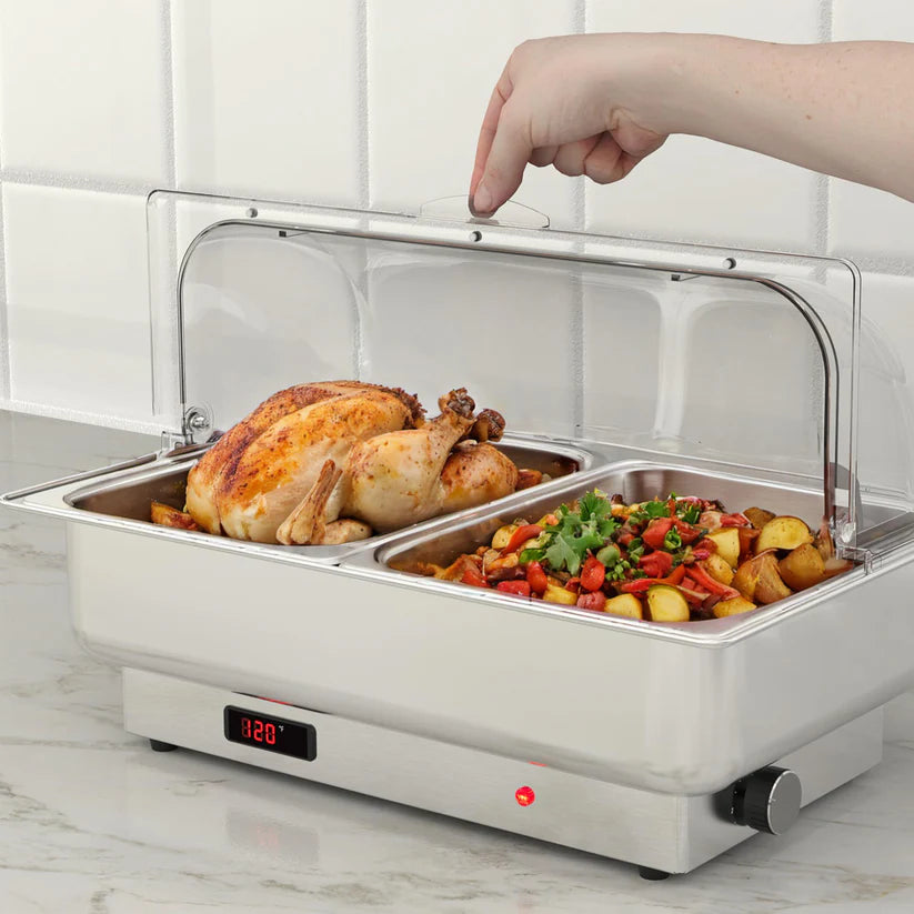 Garvee Pack of 2 Stainless Steel Electric Chafing Dish Buffet Servers 9.5QT Capacity with Roll Top Transparent Lids and Adjustable Temperature Control for Commercial Catering Parties and Home