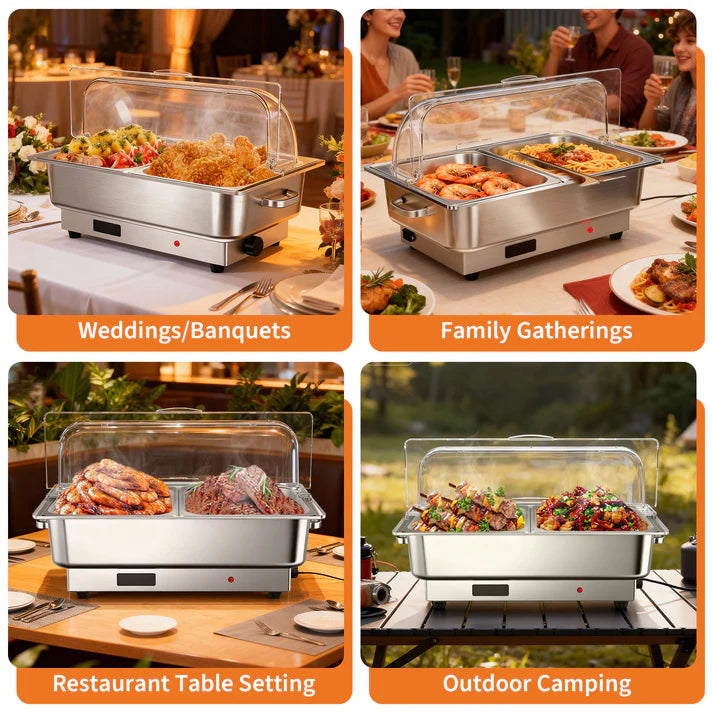 Garvee Adjustable Temperature Electric Chafing Dish Buffet Server – 8.5L Deep Food Warmer with Transparent PC Lid – Ideal for Parties, Catering, Weddings, Home Use – Includes 2*1/2 Gastronorm Pan (UK Standard)