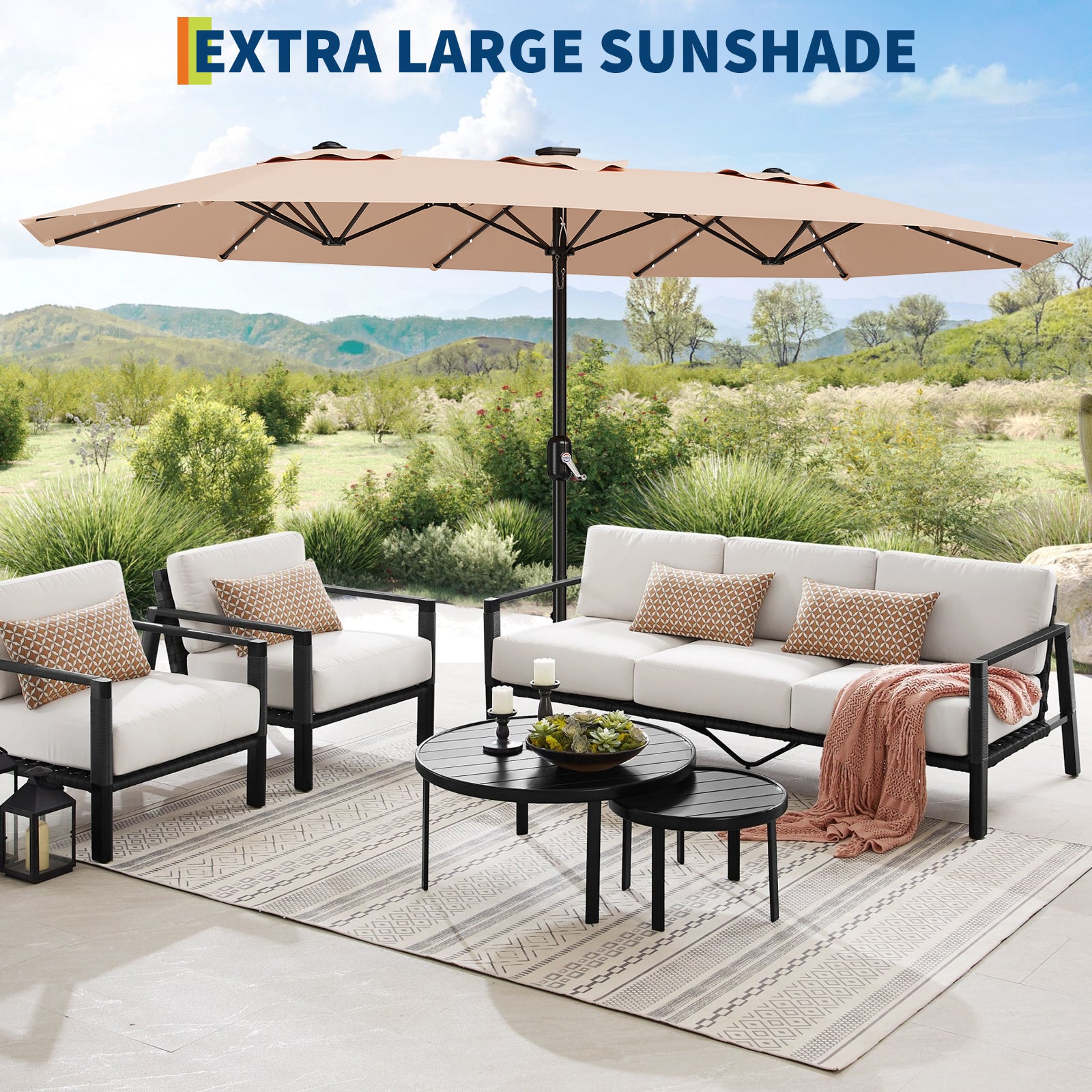 Garvee 4.57m 15ft Rectangular Solar Parasol with LED Lights and Base Included Large Garden Umbrella Crank Handle UV Protection for Patio Backyard Deck Poolside,Beige