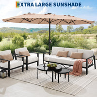 Garvee 4.57m 15ft Rectangular Solar Parasol with LED Lights and Base Included Large Garden Umbrella Crank Handle UV Protection for Patio Backyard Deck Poolside,Beige