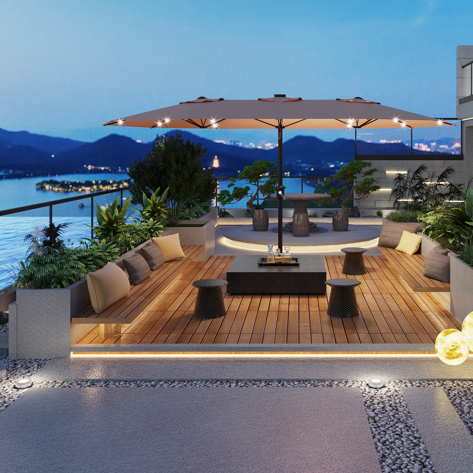 Garvee 4.57m 15ft Rectangular Solar Parasol with LED Lights and Base Included Large Garden Umbrella Crank Handle UV Protection for Patio Backyard Deck Poolside,Beige