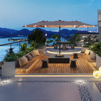 Garvee 4.57m 15ft Rectangular Solar Parasol with LED Lights and Base Included Large Garden Umbrella Crank Handle UV Protection for Patio Backyard Deck Poolside,Beige