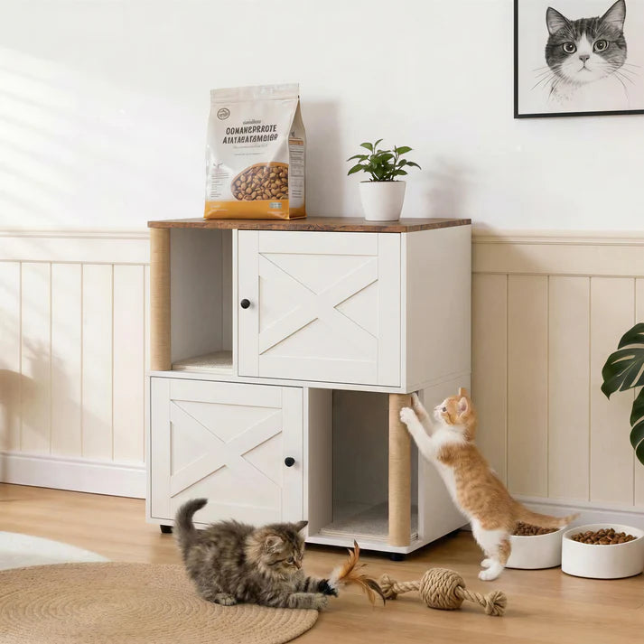 Garvee Double Layer Cat Litter Box Furniture with Scratching Post and Litter Mats, Wooden Corner Cabinet Cat Washroom Bed, Multifunctional, Easy to Clean, Natural Wood Color