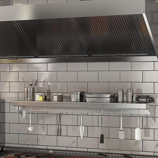 Garvee 152x30cm Wall Mounted Kitchen Shelf with Upstand – Heavy Duty Stainless Steel Storage Rack with 7 Hooks – For Home & Commercial Catering