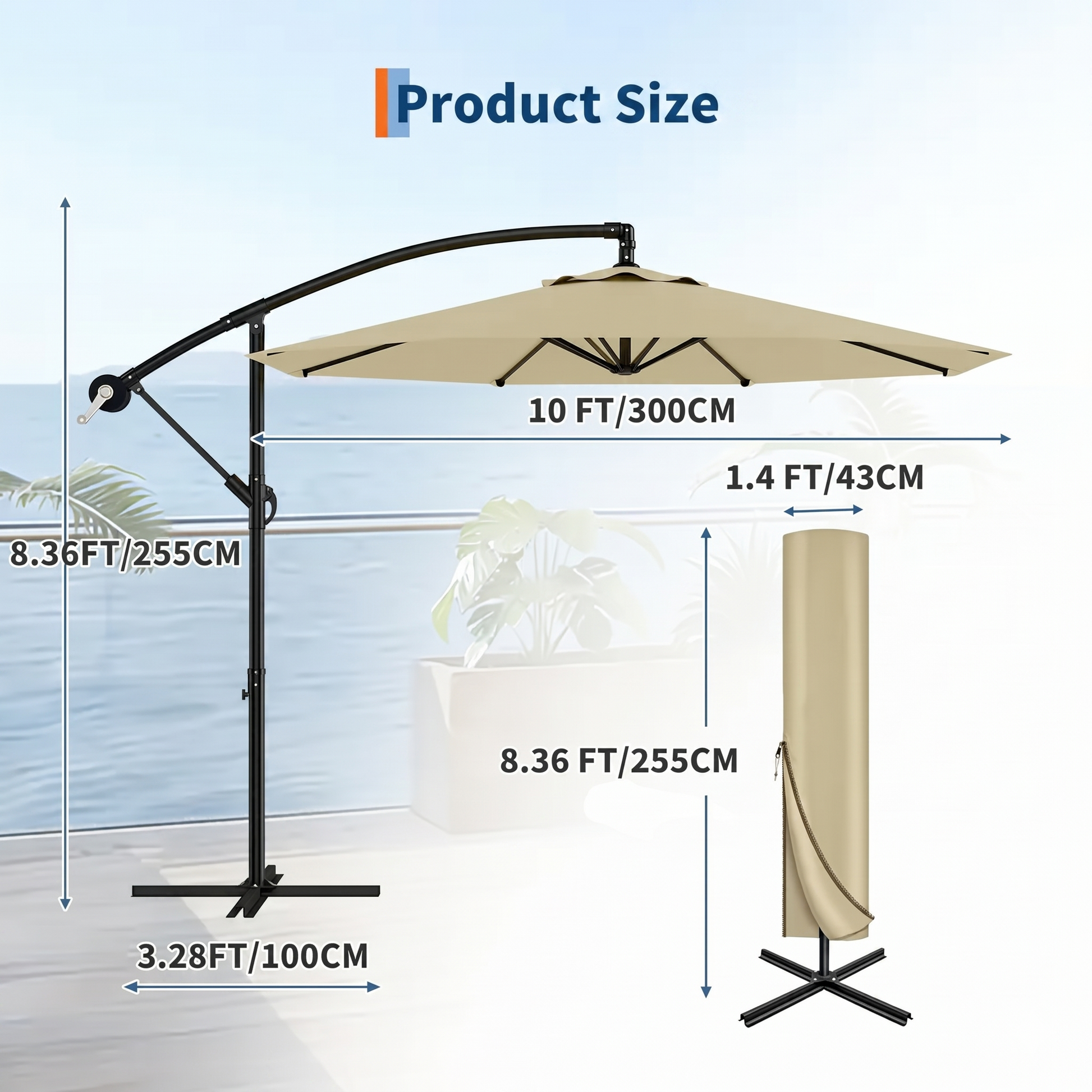 Garvee Diameter 300 cm Khaki Aluminium 360 Degree Rotating Cantilever Parasol with Crank Adjustable Tilt Cross Base and UV50 Protection for Garden Patio