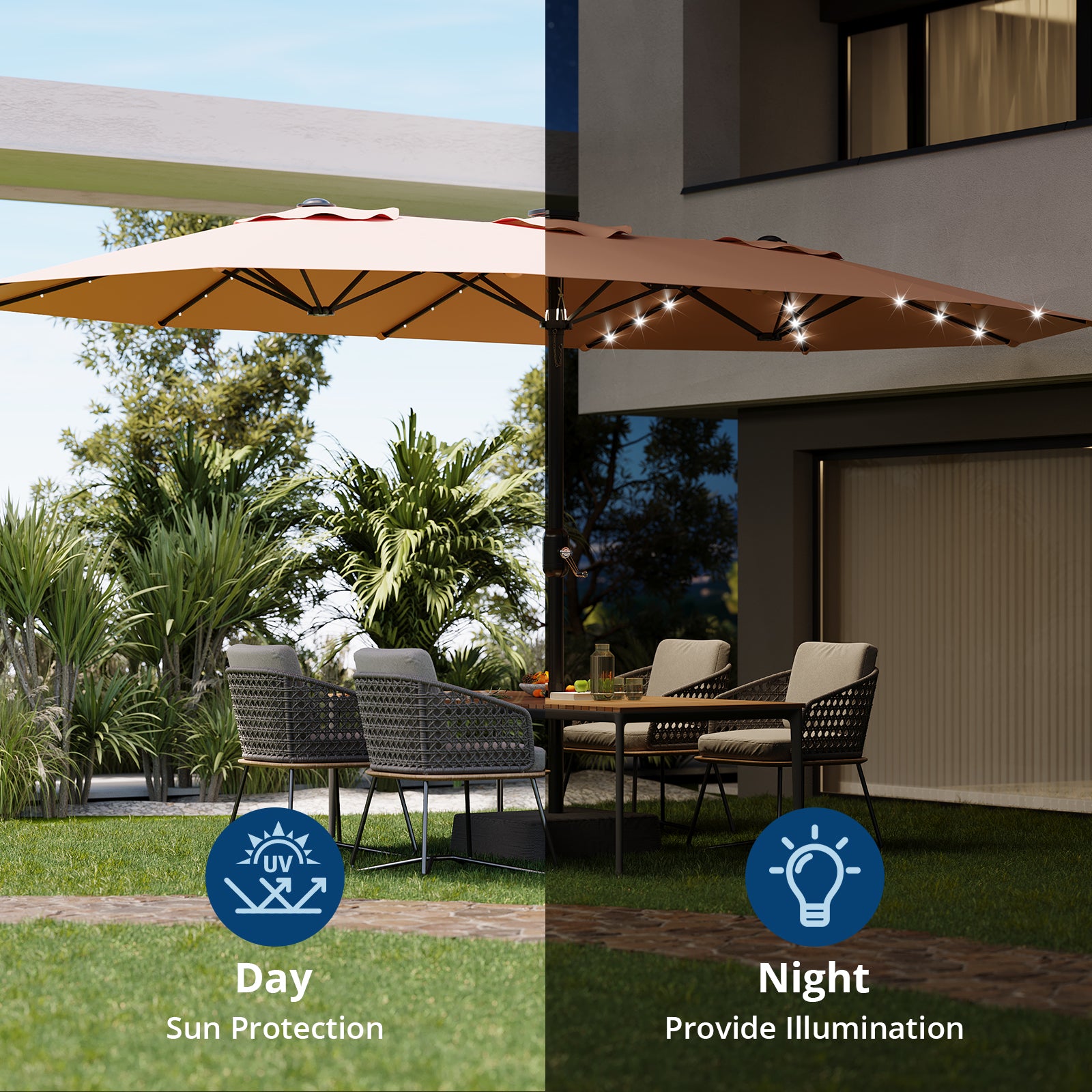 Garvee 4.57m 15ft Rectangular Solar Parasol with LED Lights and Base Included Large Garden Umbrella Crank Handle UV Protection for Patio Backyard Deck Poolside,Beige