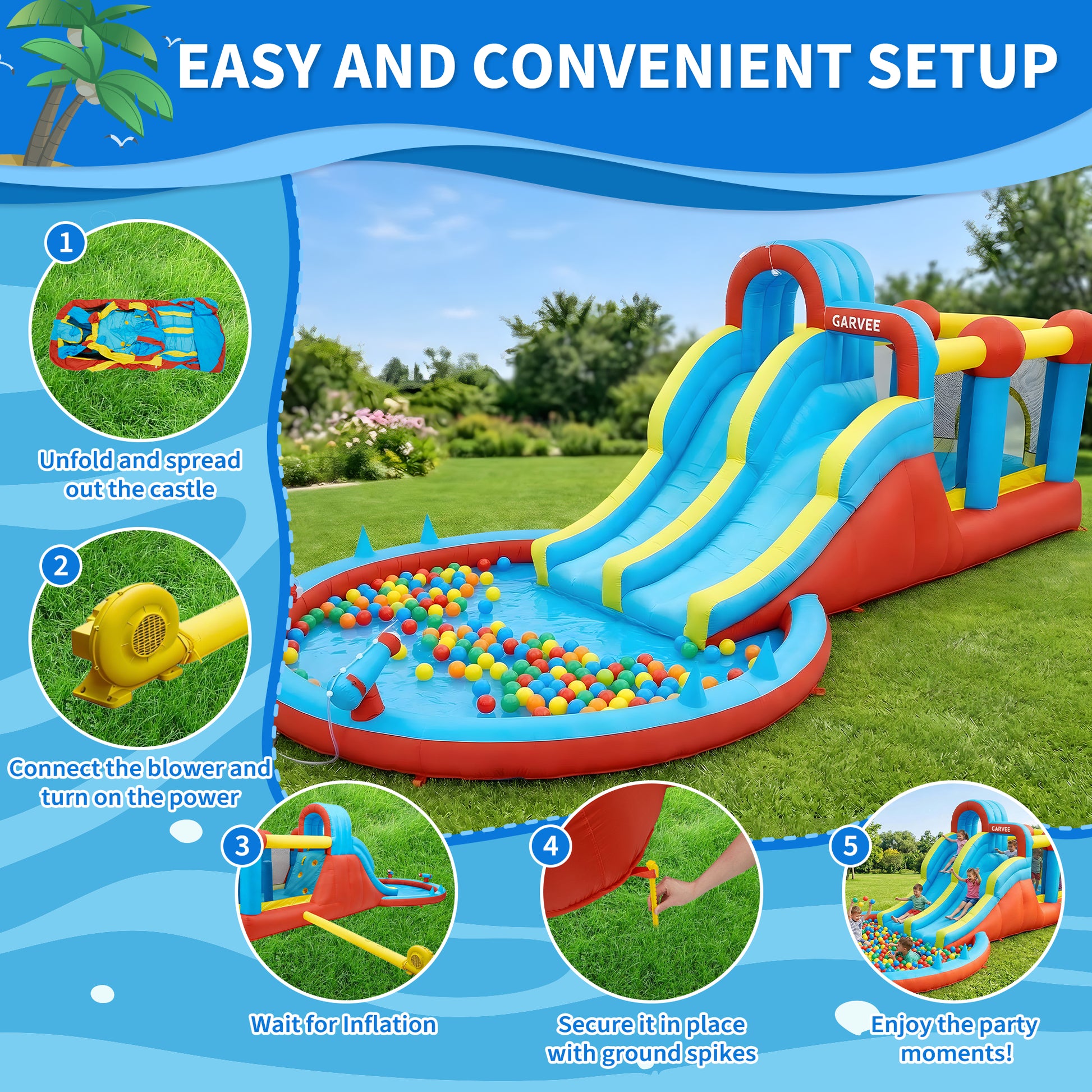 Garvee 8-in-1 Inflatable Water Park with Double Slides, Climbing Walls & Bouncy Castle – Durable Oxford Fabric, 550W Blower, Large Backyard Pool for Kids – Model 26001 – 26001 Inflatable Water Park Appropriate for All Seasons - British Standard