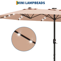 Garvee 4.57m 15ft Rectangular Solar Parasol with LED Lights and Base Included Large Garden Umbrella Crank Handle UV Protection for Patio Backyard Deck Poolside,Beige