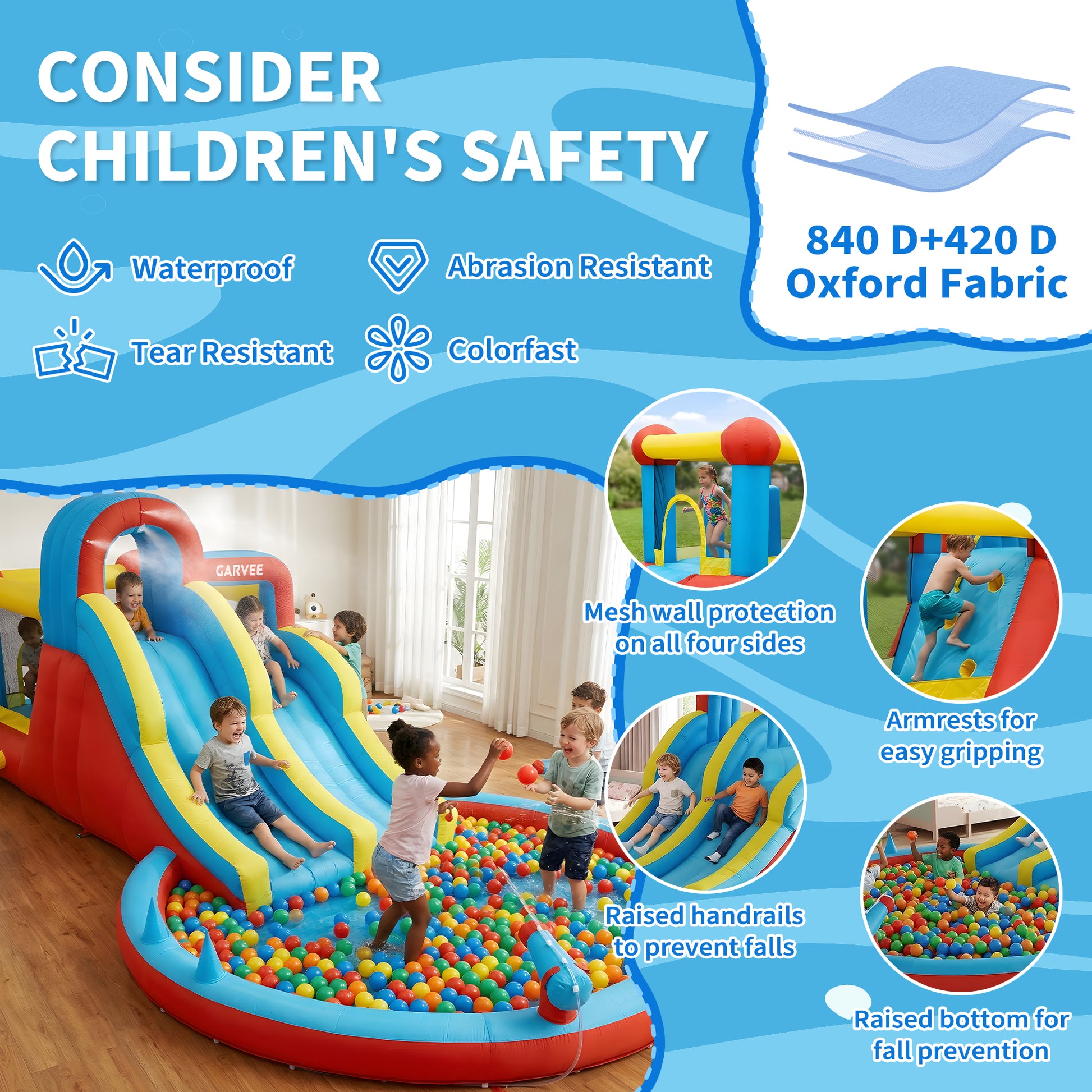 Garvee 8-in-1 Inflatable Water Park with Double Slides, Climbing Walls & Bouncy Castle – Durable Oxford Fabric, 550W Blower, Large Backyard Pool for Kids – Model 26001 – 26001 Inflatable Water Park Appropriate for All Seasons - British Standard