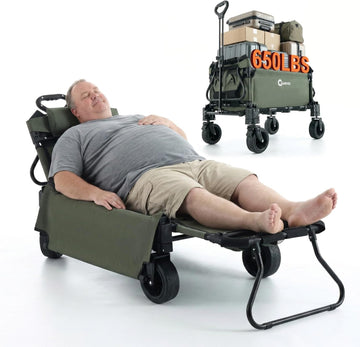 Garvee Army Green 2 in 1 Foldable Festival Trolley Camping Wagon 295 kg  Capacity Converts to Bench Seat and Lounge Chair with Adjustable Handle All Terrain Wheels and Carbon Steel Frame