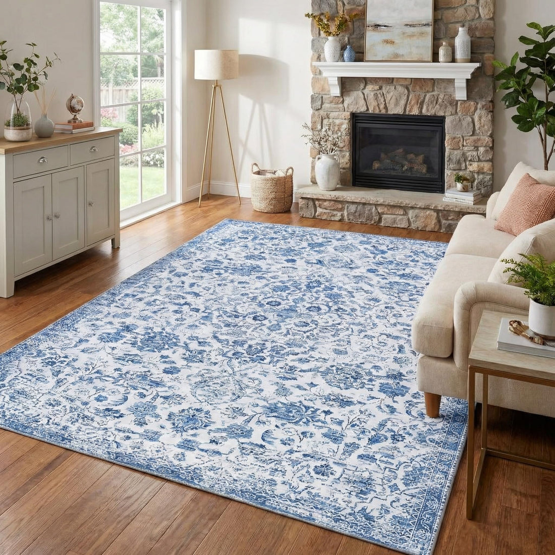 GARVEE 200x290cm Washable Area Rug Non-Slip Vintage Oriental Carpet Soft Modern Boho Stain Resistant Mat for Living Room Bedroom,Blue