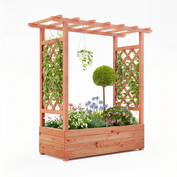 Garvee 110x44x114 cm Raised Garden Bed With Trellis Wood Planter Box Freestanding Elevated Garden Bed For Climbing Plants Vines Flowers Natural Wood Color