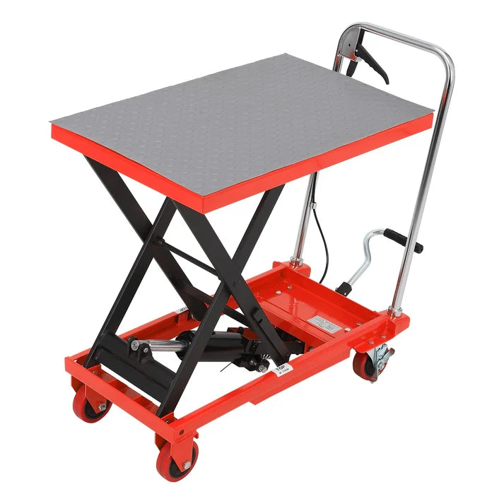 GARVEE 230kg Hydraulic Lift Table Cart Heavy Duty Single Scissor Lift Trolley 72cm Industrial Material Handling Platform with Braked Castors – Red
