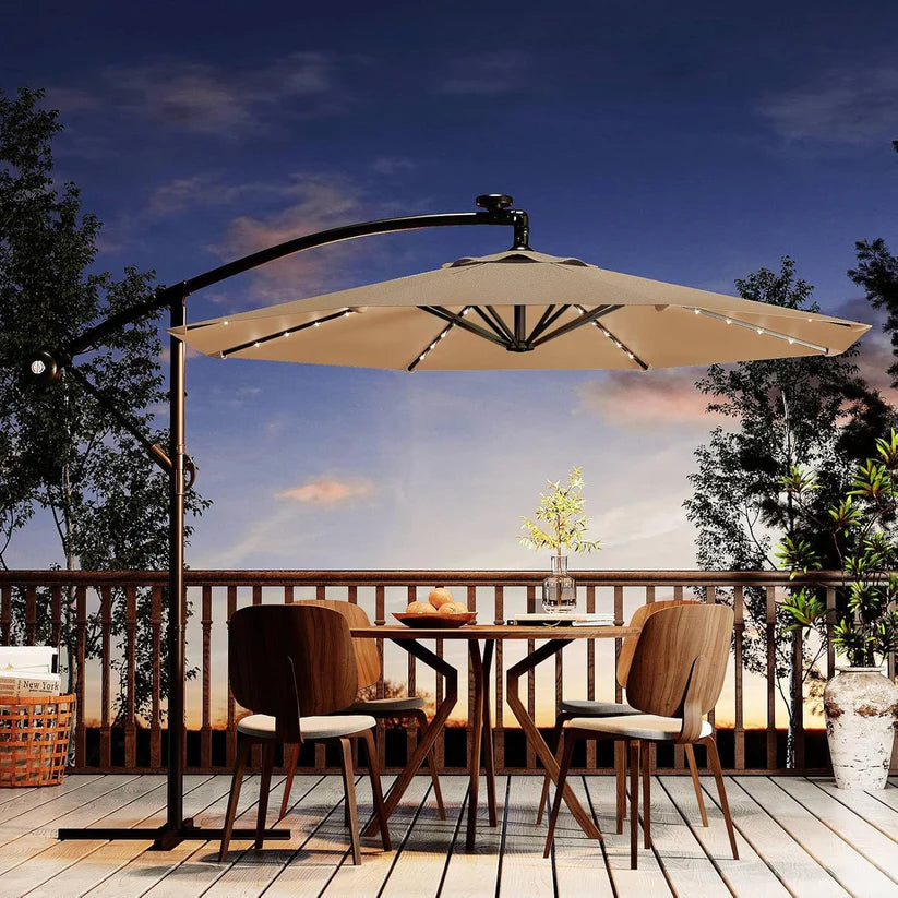 Garvee 300 cm Cantilever Garden Parasol with Base 40 Solar LED Lights UPF 50 Plus UV Protection Waterproof Canopy 8 Wind Resistant Ribs Crank Handle and Tilt Function for Patio Decking and Pool,Khaki