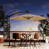 Garvee 300 cm Cantilever Garden Parasol with Base 40 Solar LED Lights UPF 50 Plus UV Protection Waterproof Canopy 8 Wind Resistant Ribs Crank Handle and Tilt Function for Patio Decking and Pool,Khaki