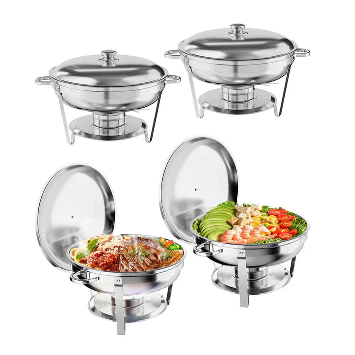 Garvee 4.7L Chafing Dish Buffet Set of 4 Pack, Round Stainless Steel Food Warmers Buffet Servers Sets, Chafer with Food & Water Pan, Lid, Frame, Fuel Holder for Catering and Parties