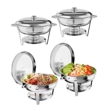 Garvee 4.7L Chafing Dish Buffet Set of 4 Pack, Round Stainless Steel Food Warmers Buffet Servers Sets, Chafer with Food & Water Pan, Lid, Frame, Fuel Holder for Catering and Parties