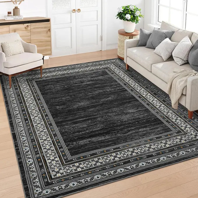 Garvee 200 × 290 cm Dark Grey Washable Bordered Area Rug, Non Slip Low Pile Non Shedding Rug, Modern Distressed Geometric Rug for Living Room Dining Room Bedroom