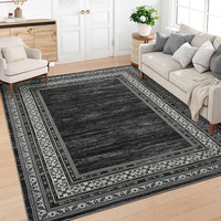 Garvee 200 × 290 cm Dark Grey Washable Bordered Area Rug, Non Slip Low Pile Non Shedding Rug, Modern Distressed Geometric Rug for Living Room Dining Room Bedroom