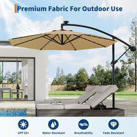 Garvee 300 cm Cantilever Garden Parasol with Base 40 Solar LED Lights UPF 50 Plus UV Protection Waterproof Canopy 8 Wind Resistant Ribs Crank Handle and Tilt Function for Patio Decking and Pool,Khaki