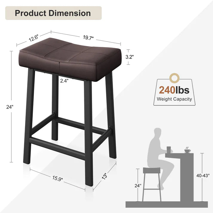 Garvee Set of 4 Brown Saddle Bar Stools – 61cm Counter Height Breakfast Bar Stools – Padded Backless Faux Leather Seats for Kitchen Island