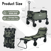 Garvee Army Green 2 in 1 Foldable Festival Trolley Camping Wagon 295 kg  Capacity Converts to Bench Seat and Lounge Chair with Adjustable Handle All Terrain Wheels and Carbon Steel Frame