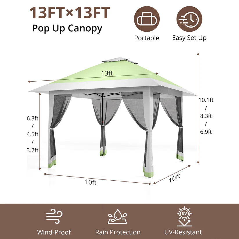 Garvee 396 x 396cm Canopy Tent Pop Up Gazebo With Mosquito Netting For Backyard Parties BBQs Olive Green