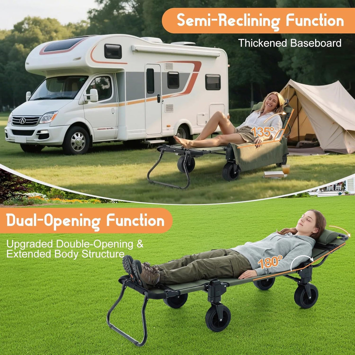 Garvee Army Green 2 in 1 Foldable Festival Trolley Camping Wagon 295 kg  Capacity Converts to Bench Seat and Lounge Chair with Adjustable Handle All Terrain Wheels and Carbon Steel Frame