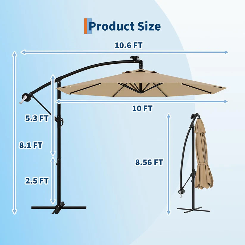 Garvee 300 cm Cantilever Garden Parasol with Base 40 Solar LED Lights UPF 50 Plus UV Protection Waterproof Canopy 8 Wind Resistant Ribs Crank Handle and Tilt Function for Patio Decking and Pool,Khaki