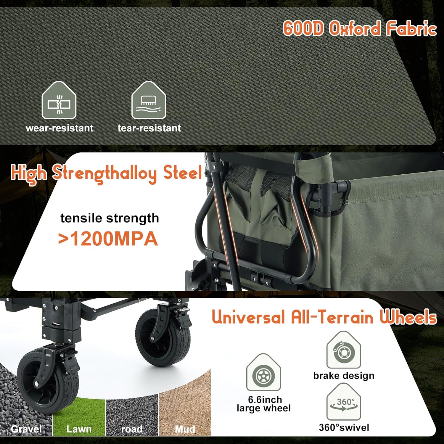 Garvee Army Green 2 in 1 Foldable Festival Trolley Camping Wagon 295 kg  Capacity Converts to Bench Seat and Lounge Chair with Adjustable Handle All Terrain Wheels and Carbon Steel Frame