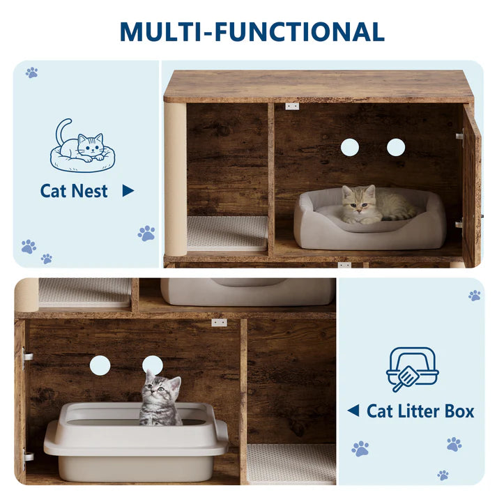 Garvee Double Layer Cat Litter Box Furniture With Scratching Post And Litter Mats, Wooden Corner Cabinet Cat Washroom Bed, Multi-Functional, Easy To Clean, Easy Assembly