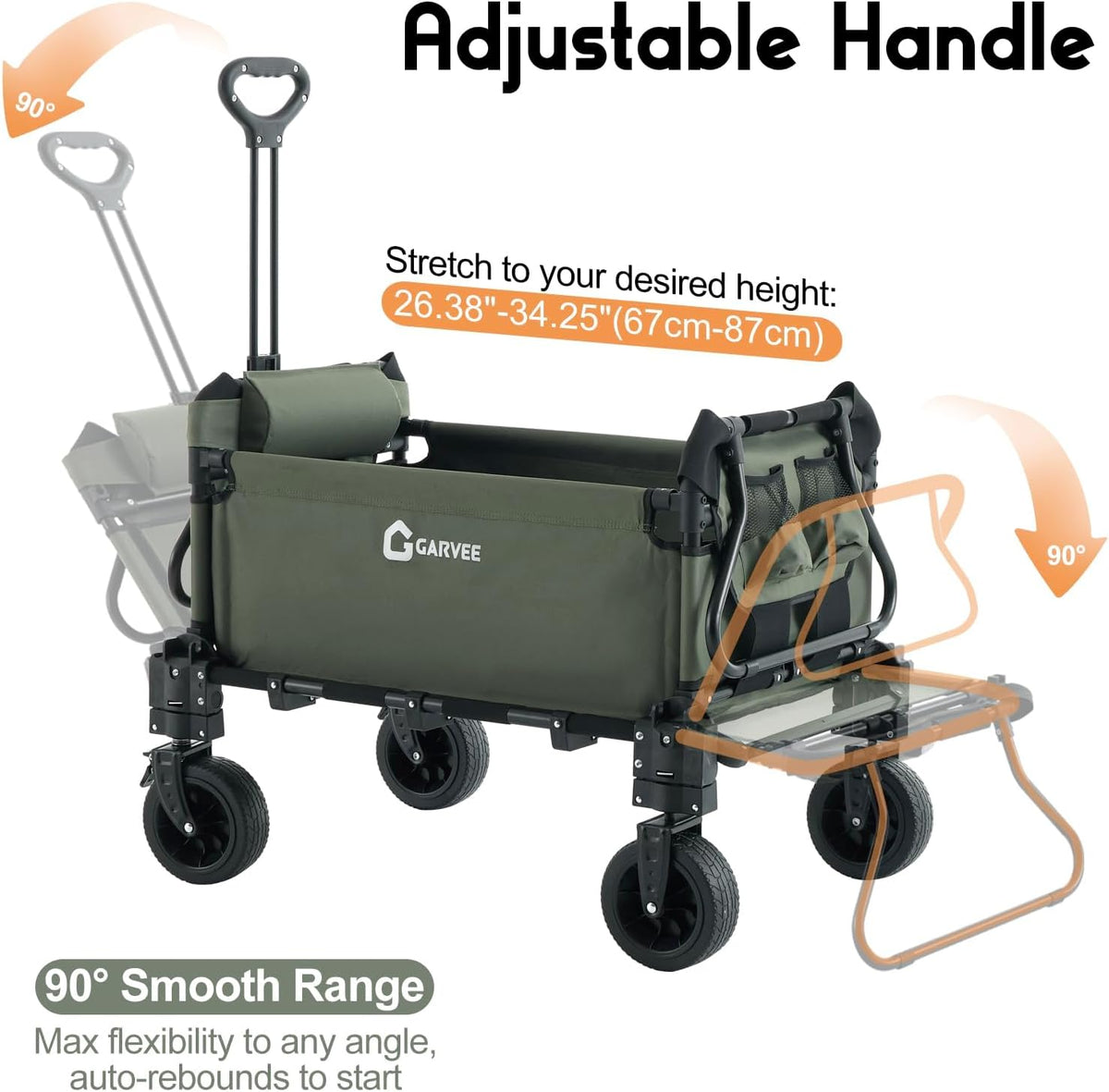 Garvee Army Green 2 in 1 Foldable Festival Trolley Camping Wagon 295 kg  Capacity Converts to Bench Seat and Lounge Chair with Adjustable Handle All Terrain Wheels and Carbon Steel Frame
